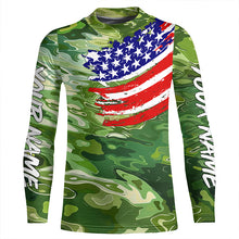Load image into Gallery viewer, Green camo fishing American flag Custom patriot performance long sleeve fishing tournament shirts NQS7388