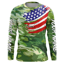 Load image into Gallery viewer, Green camo fishing American flag Custom patriot performance long sleeve fishing tournament shirts NQS7388