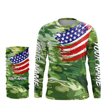 Load image into Gallery viewer, Green camo fishing American flag Custom patriot performance long sleeve fishing tournament shirts NQS7388