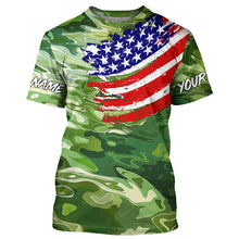 Load image into Gallery viewer, Green camo fishing American flag Custom patriot performance long sleeve fishing tournament shirts NQS7388