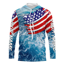 Load image into Gallery viewer, Blue ocean sea wave camo fishing American flag Custom patriot long sleeve fishing tournament shirts NQS7389