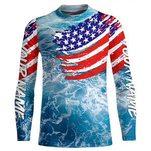 Blue ocean sea wave camo fishing American flag Custom patriot long sleeve fishing tournament shirts NQS7389