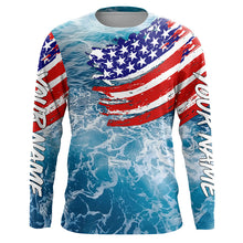 Load image into Gallery viewer, Blue ocean sea wave camo fishing American flag Custom patriot long sleeve fishing tournament shirts NQS7389