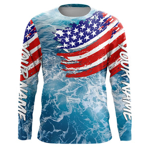 Blue ocean sea wave camo fishing American flag Custom patriot long sleeve fishing tournament shirts NQS7389