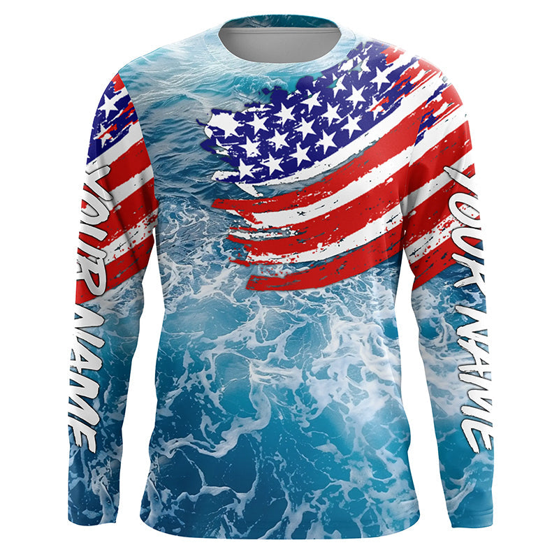 Blue ocean sea wave camo fishing American flag Custom patriot long sleeve fishing tournament shirts NQS7389