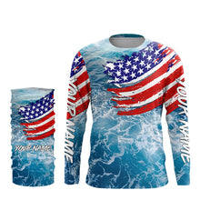 Load image into Gallery viewer, Blue ocean sea wave camo fishing American flag Custom patriot long sleeve fishing tournament shirts NQS7389