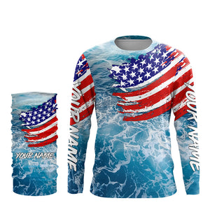 Blue ocean sea wave camo fishing American flag Custom patriot long sleeve fishing tournament shirts NQS7389