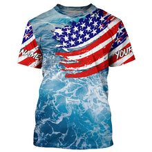 Load image into Gallery viewer, Blue ocean sea wave camo fishing American flag Custom patriot long sleeve fishing tournament shirts NQS7389