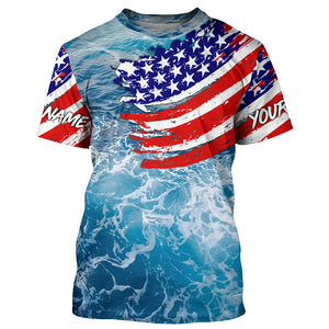 Blue ocean sea wave camo fishing American flag Custom patriot long sleeve fishing tournament shirts NQS7389