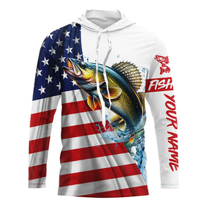 American flag patriotic Walleye fishing Custom Name UV Protection long sleeve Fishing Shirts for men NQS5370