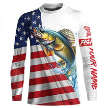 Load image into Gallery viewer, American flag patriotic Walleye fishing Custom Name UV Protection long sleeve Fishing Shirts for men NQS5370