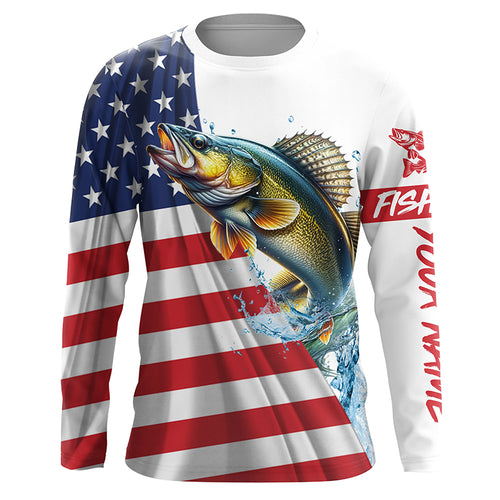 American flag patriotic Walleye fishing Custom Name UV Protection long sleeve Fishing Shirts for men NQS5370