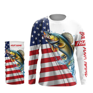 American flag patriotic Walleye fishing Custom Name UV Protection long sleeve Fishing Shirts for men NQS5370