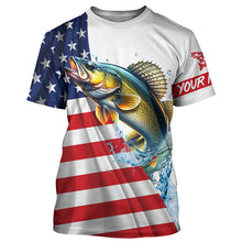 Load image into Gallery viewer, American flag patriotic Walleye fishing Custom Name UV Protection long sleeve Fishing Shirts for men NQS5370