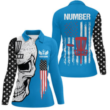Load image into Gallery viewer, Blue American flag Womens disc golf polo shirts custom name, number patriotic disc golf skull apparel NQS7570