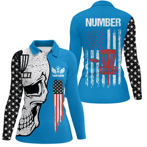 Blue American flag Womens disc golf polo shirts custom name, number patriotic disc golf skull apparel NQS7570