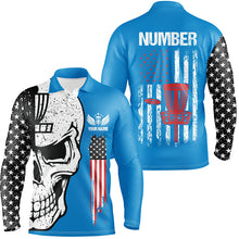 Load image into Gallery viewer, Blue American flag Mens disc golf polo shirts custom name, number patriotic disc golf skull apparel NQS7570