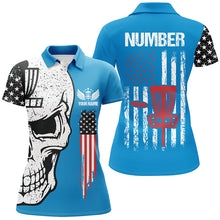 Load image into Gallery viewer, Blue American flag Womens disc golf polo shirts custom name, number patriotic disc golf skull apparel NQS7570