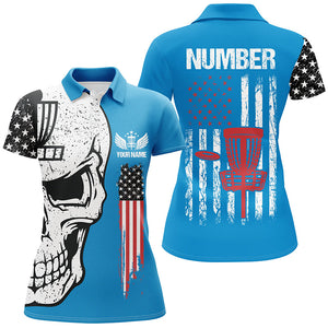 Blue American flag Womens disc golf polo shirts custom name, number patriotic disc golf skull apparel NQS7570