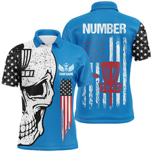 Load image into Gallery viewer, Blue American flag Mens disc golf polo shirts custom name, number patriotic disc golf skull apparel NQS7570