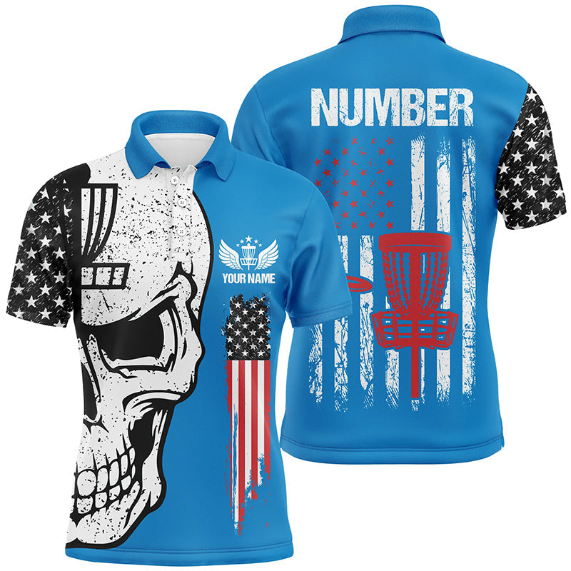 Blue American flag Mens disc golf polo shirts custom name, number patriotic disc golf skull apparel NQS7570