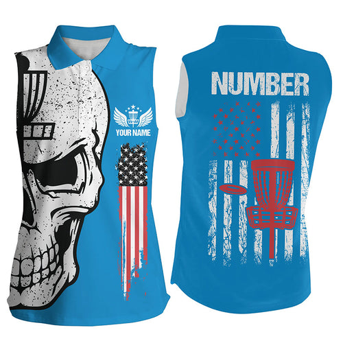 Blue American flag Womens sleeveless disc golf polo shirts custom patriotic disc golf skull apparel NQS7570