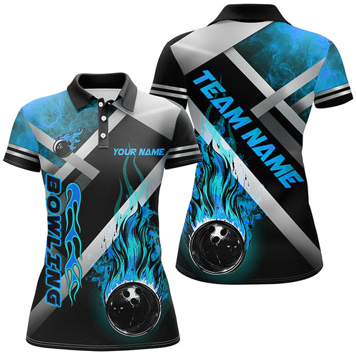 Women bowling shirts Custom Black bowling ball Flame Bowling Team Jerseys, gift for Bowlers | Blue NQS7573