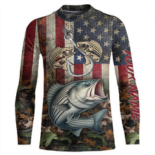 Load image into Gallery viewer, Striped bass fishing camo American Flag patriotic UV protection customize name fishing apparel NQS1902