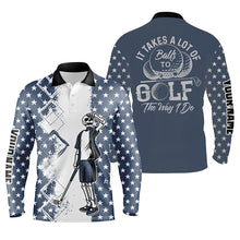 Load image into Gallery viewer, American flag skull golf blue Mens golf polo shirt custom it takes a lot of balls to golf the way I do NQS5610