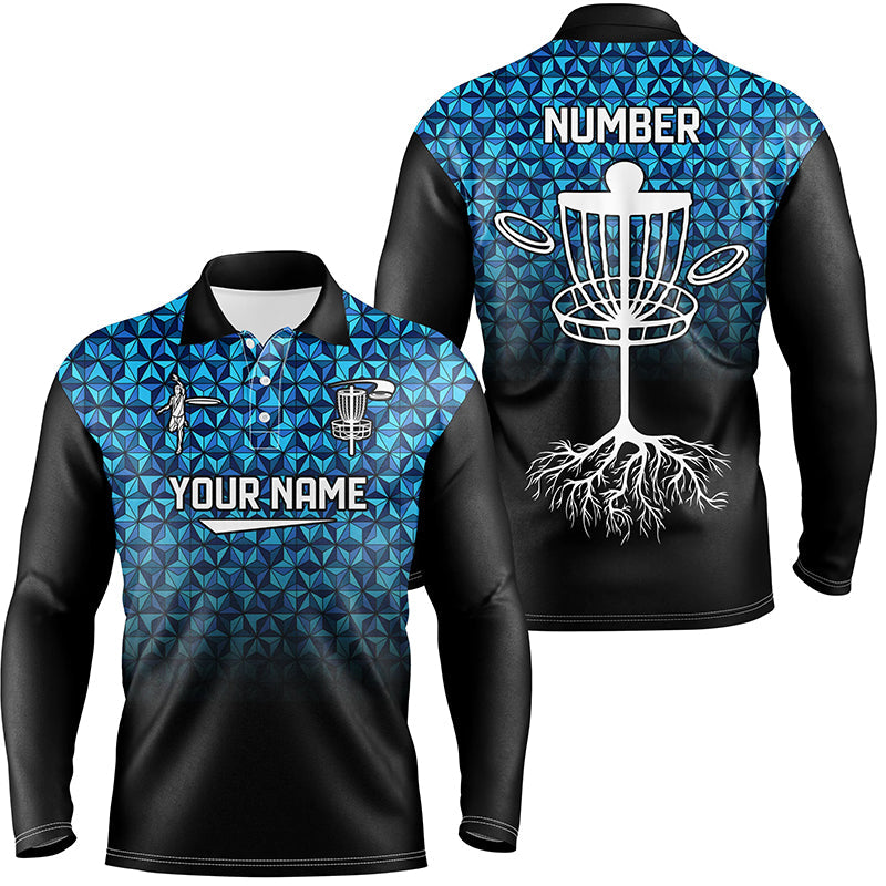 Mens golf polo shirts custom Blue diamond pattern disc golf basket jerseys, disc golf attire NQS7965