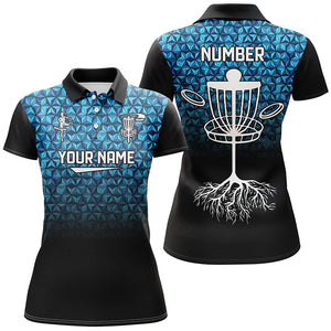 Womens golf polos shirts custom Blue diamond pattern disc golf basket jerseys, frisbee golf attire NQS7965