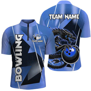 Black And Blue Custom Dragon Bowling Shirts For Men, Dragon Bowling Team Shirts NQS8381