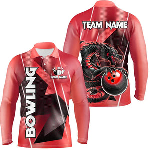 Black And Red Custom Dragon Bowling Shirts For Men, Dragon Bowling Team Shirts NQS8382