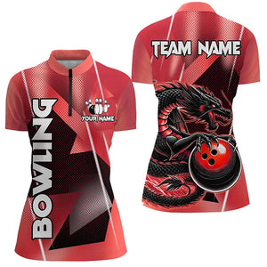 Black And Red Custom Dragon Bowling Shirts For Women, Dragon Bowling Team Shirts NQS8382