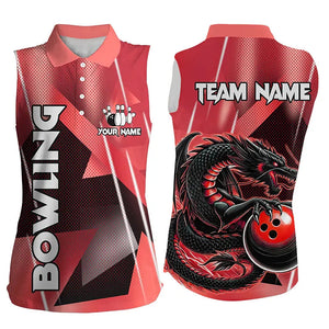 Black And Red Custom Dragon Bowling sleeveless polo Shirts For Women, Dragon Bowling Team Shirts NQS8382