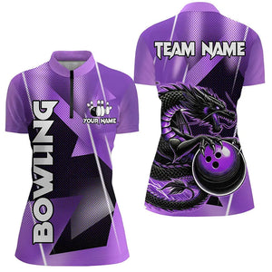 Black And Purple Custom Dragon Bowling Shirts For Women, Dragon Bowling Team Shirts NQS8383