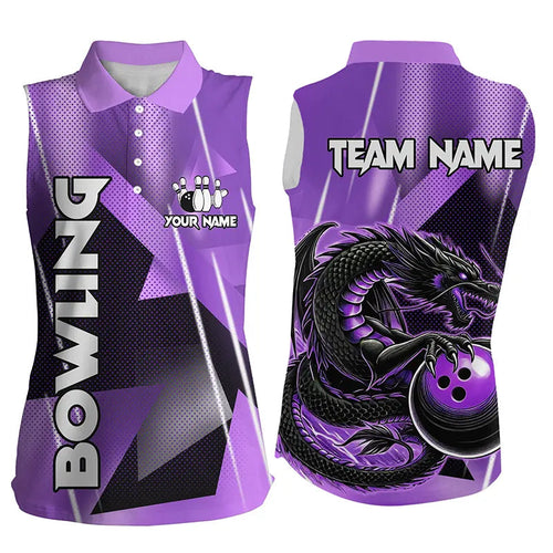 Black And Purple Custom Dragon Bowling sleeveless polo Shirts For Women, Dragon Bowling Team Shirts NQS8383