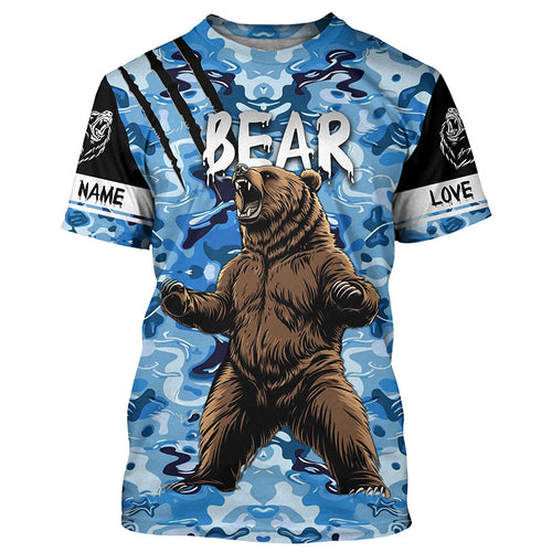 Bear hunter big game hunting blue camouflage Customize Name 3D All Over Printed Shirts NQS4009