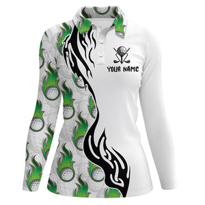 White and Green Flame Golf Ball pattern Women golf polo shirts custom women's golf outfits for team NQS8596