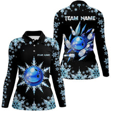 Load image into Gallery viewer, Snowflake Ice Blue Bowling ball and pins Custom Bowling Team Shirt For Women, Christmas Bowling Jersey NQS8600