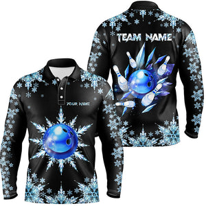 Snowflake Ice Blue Bowling ball and pins Custom Bowling Team Shirts For Men, Christmas Bowling Jerseys NQS8600