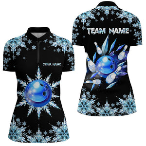 Snowflake Ice Blue Bowling ball and pins Custom Bowling Team Shirt For Women, Christmas Bowling Jersey NQS8600