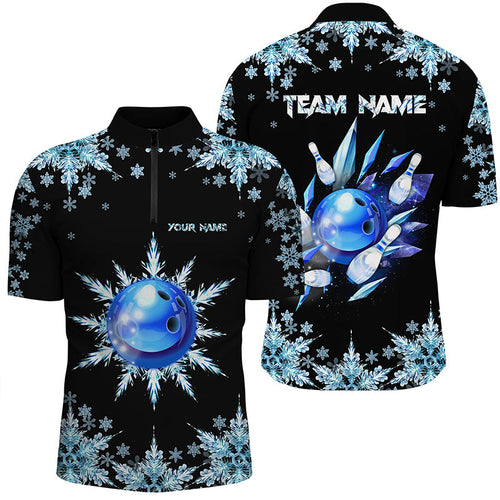 Snowflake Ice Blue Bowling ball and pins Custom Bowling Team Shirts For Men, Christmas Bowling Jerseys NQS8600