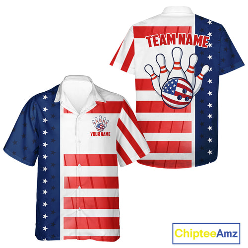 Red, White and Blue American Flag Bowling Hawaiian Shirt Custom Patriotic Bowling Team Jerseys NQS11157