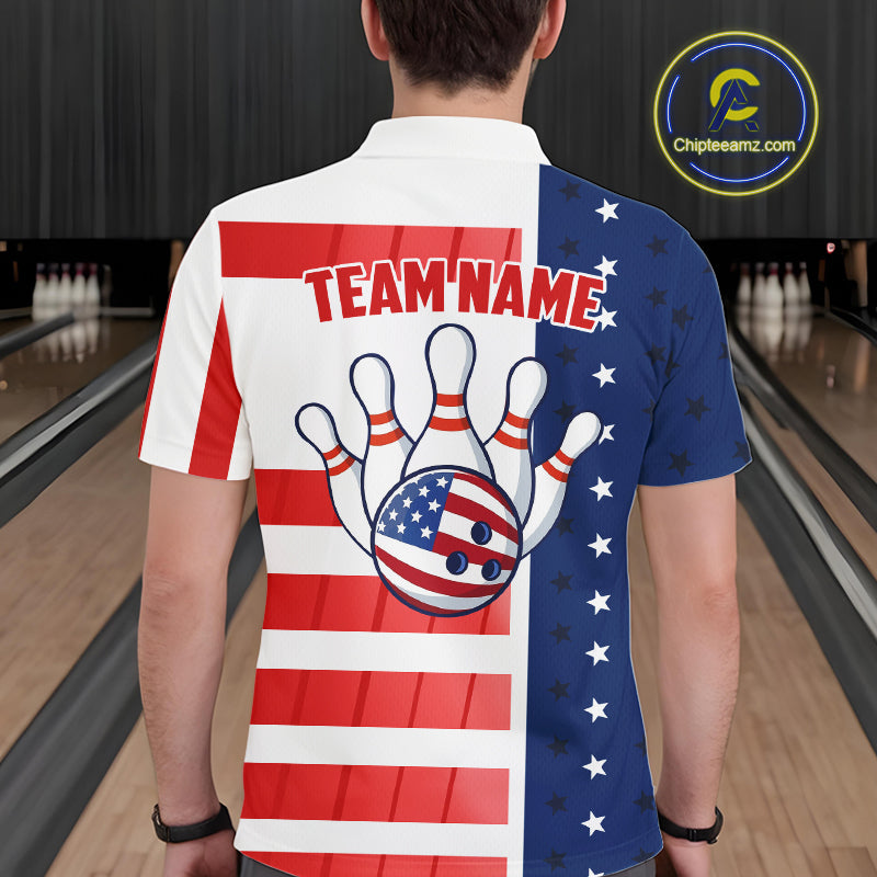 Red, White and Blue American Flag Bowling Shirts For Men Custom Patriotic Bowling Team Jerseys NQS11157