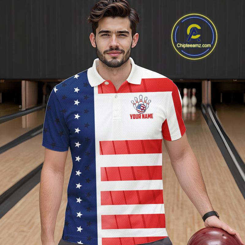 Red, White and Blue American Flag Bowling Shirts For Men Custom Patriotic Bowling Team Jerseys NQS11157