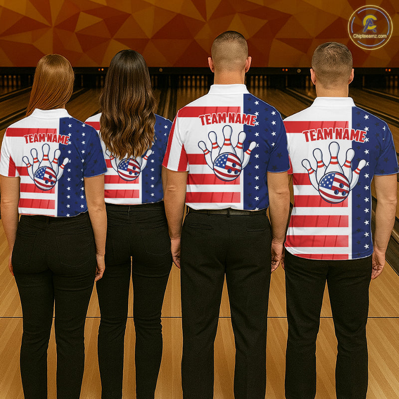 Red, White and Blue American Flag Bowling Shirts For Men Custom Patriotic Bowling Team Jerseys NQS11157
