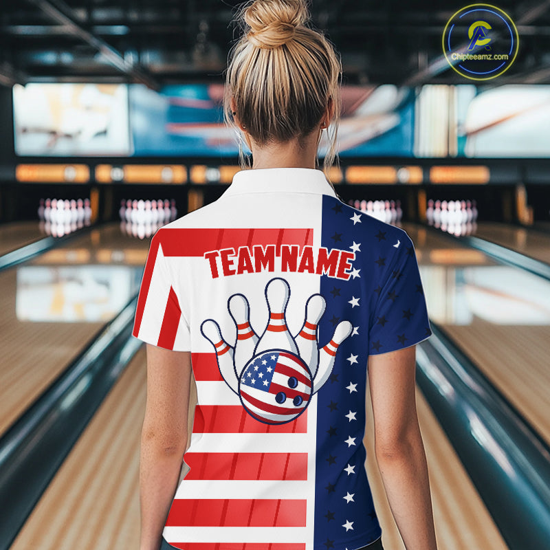 Red, White and Blue American Flag Bowling Shirts For Women Custom Patriotic Bowling Team Jerseys NQS11157