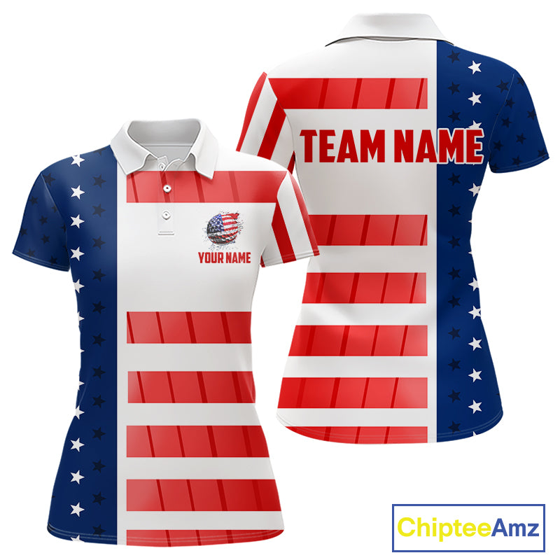 Red, White and Blue American Flag Golf Polo Shirts For Women Custom Patriotic Team Ladies Golf Outfit NQS11158