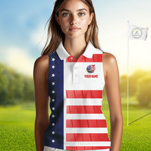 Load image into Gallery viewer, Red, White and Blue American Flag Sleeveless Polo Shirts Custom Patriotic Team Ladies Golf Outfit NQS11158